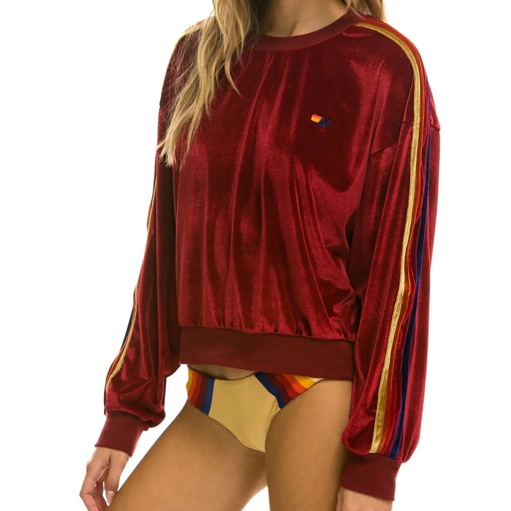 Aviator Nation Red Velvet Sweatshirt with Multicolor Sleeve Stripes
